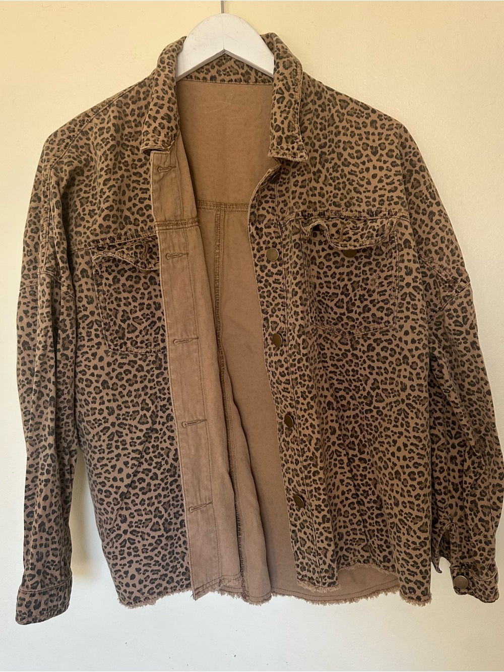 Leopard Print Distressed Denim Jacket Oversized Raw Hem Size Small